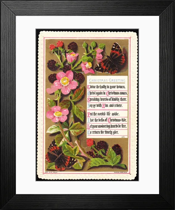 Framed Print : Religious verse with pink flowers on a Christmas card Framed Print : Religious verse with pink flowers on a Christmas card
