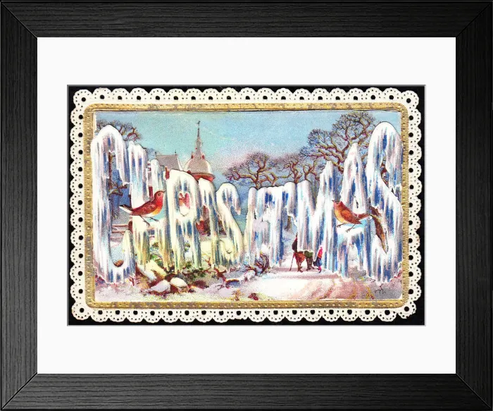 Framed Print : Robins with ice and snow on a Christmas card Framed Print : Robins with ice and snow on a Christmas card