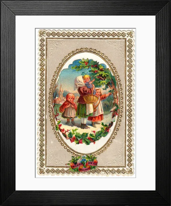 Framed Print : Mother and children in the snow on a New Year card Framed Print : Mother and children in the snow on a New Year card