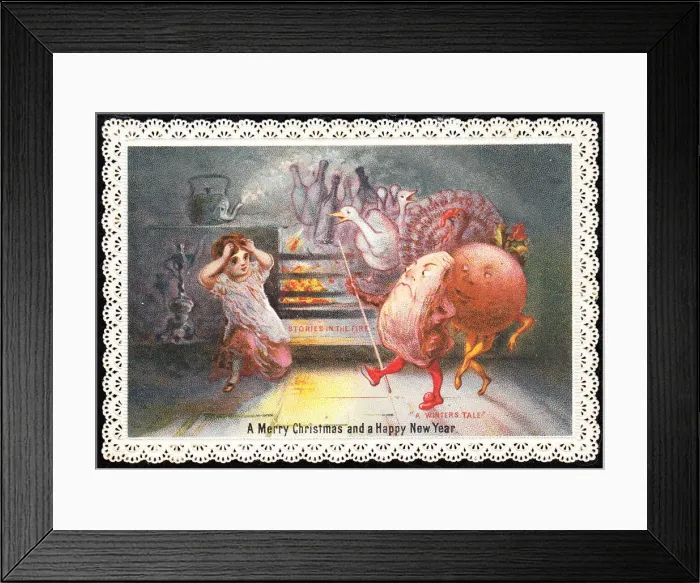 Framed Print : Girl seeing stories in the fire on a Christmas card Framed Print : Girl seeing stories in the fire on a Christmas card
