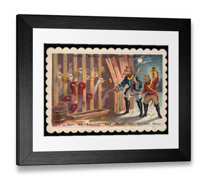 Framed Print : Humanised foxes with turkeys and geese on a Christmas card Framed Print : Humanised foxes with turkeys and geese on a Christmas card