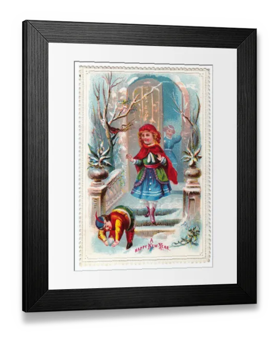 Framed Print : Boy and girl in the snow on a New Year card Framed Print : Boy and girl in the snow on a New Year card
