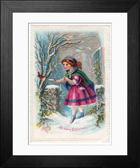 Framed Print : Girl giving food to a robin on a Christmas card Framed Print : Girl giving food to a robin on a Christmas card