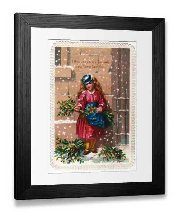 Framed Print : Girl selling holly on a Christmas and New Year card Framed Print : Girl selling holly on a Christmas and New Year card