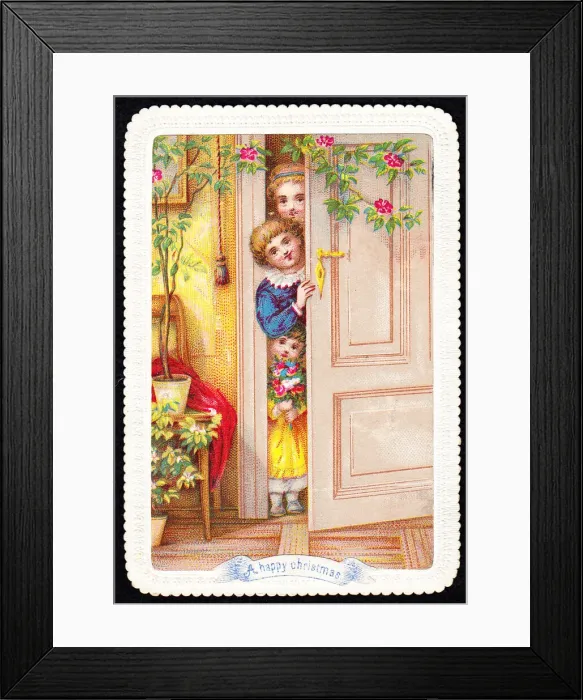 Framed Print : Three children behind a door on a Christmas card Framed Print : Three children behind a door on a Christmas card