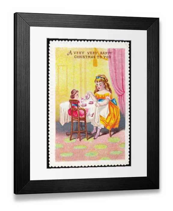 Framed Print : Girl and doll having tea on a Christmas card Framed Print : Girl and doll having tea on a Christmas card