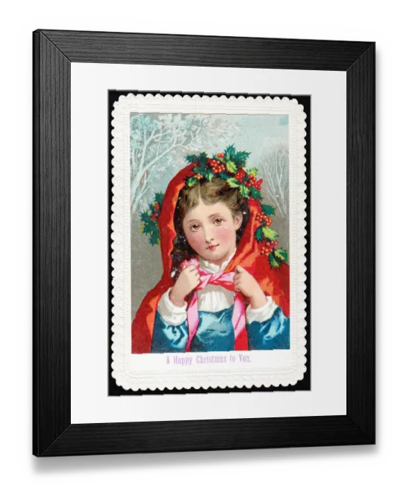 Framed Print : Girl with red cloak and holly on a Christmas card Framed Print : Girl with red cloak and holly on a Christmas card