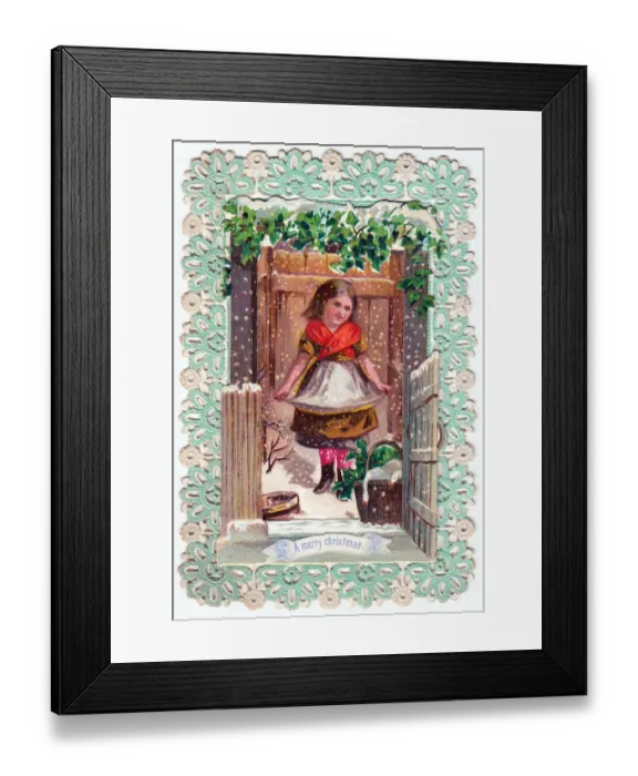 Framed Print : Girl with a basket of geese on a Christmas card Framed Print : Girl with a basket of geese on a Christmas card