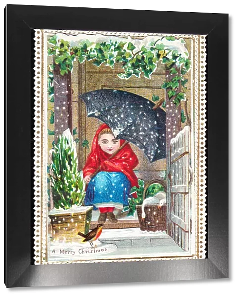 Girl with umbrella and a basket of geese on a Christmas card