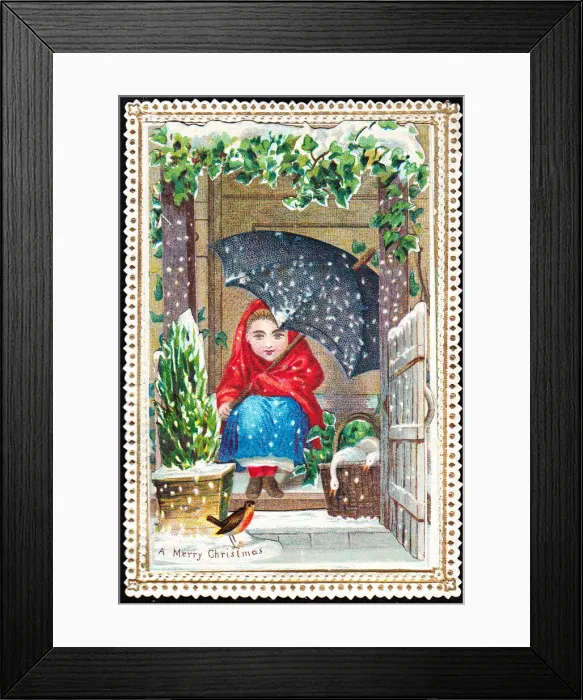 Framed Print : Girl with umbrella and a basket of geese on a Christmas card Framed Print : Girl with umbrella and a basket of geese on a Christmas card