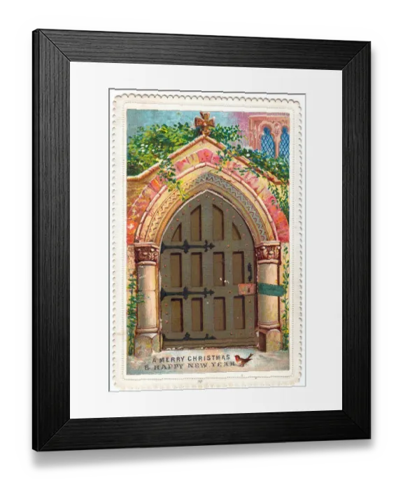 Framed Print : Ornate church door on a Christmas and New Year card Framed Print : Ornate church door on a Christmas and New Year card