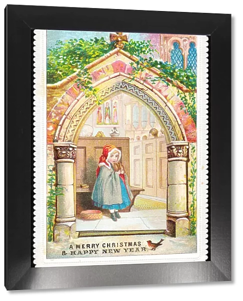 Girl in church on a Christmas and New Year card