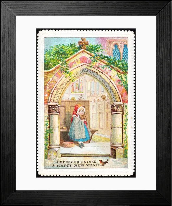 Framed Print : Girl in church on a Christmas and New Year card Framed Print : Girl in church on a Christmas and New Year card