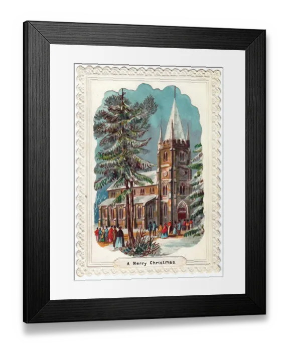 Framed Print : People outside a church on a Christmas card Framed Print : People outside a church on a Christmas card