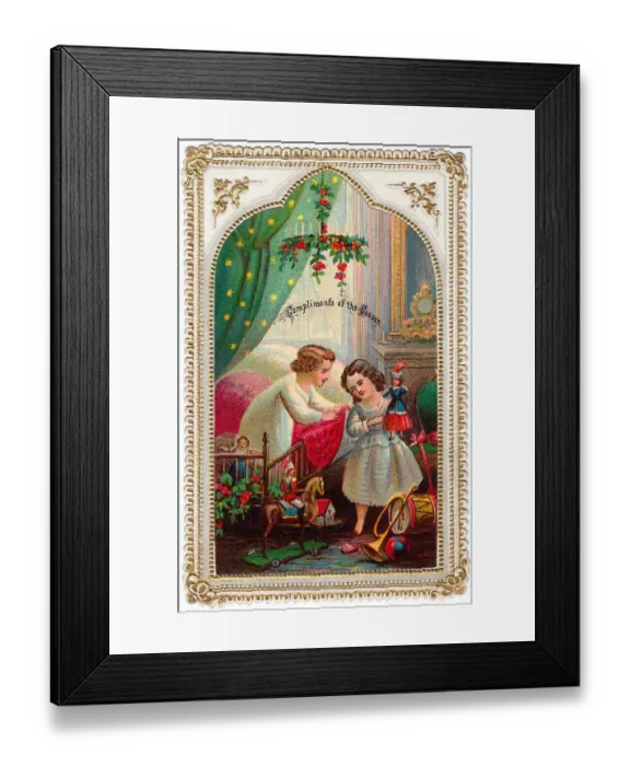 Framed Print : Girl and boy with presents on a Christmas card Framed Print : Girl and boy with presents on a Christmas card