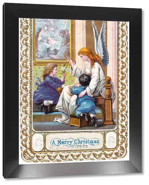 Angel with two children on a Christmas card
