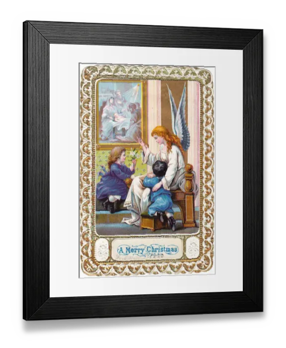 Framed Print : Angel with two children on a Christmas card Framed Print : Angel with two children on a Christmas card