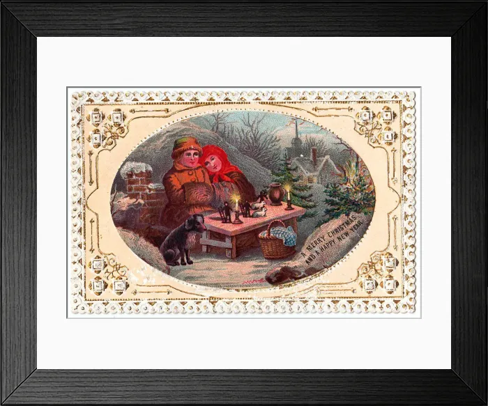 Framed Print : Couple in the snow on a Christmas and New Year card Framed Print : Couple in the snow on a Christmas and New Year card
