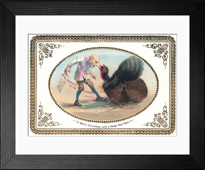 Framed Print : Man with a turkey on a comic Christmas and New Year card Framed Print : Man with a turkey on a comic Christmas and New Year card