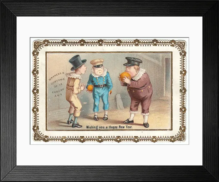 Framed Print : Three boys on a comic New Year card Framed Print : Three boys on a comic New Year card