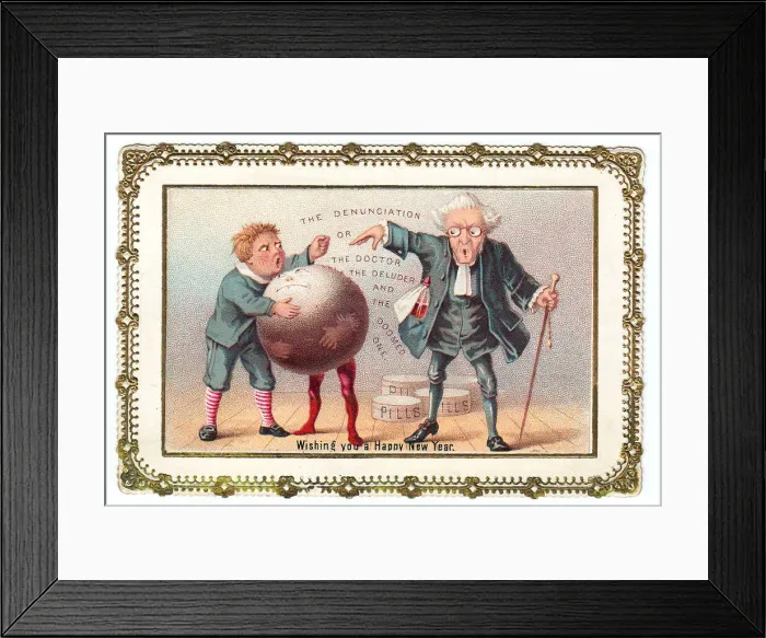 Framed Print : Boy with doctor and pudding on a comic New Year card Framed Print : Boy with doctor and pudding on a comic New Year card