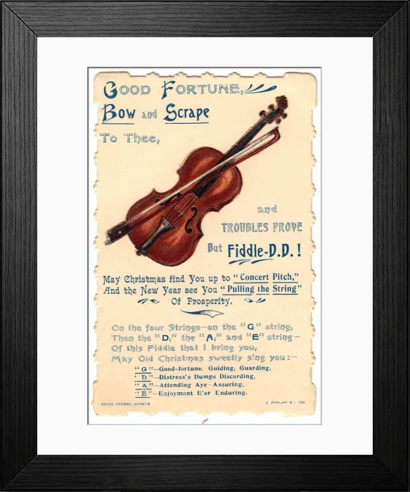 Framed Print : Violin with comic verse on a Christmas and New Year card Framed Print : Violin with comic verse on a Christmas and New Year card