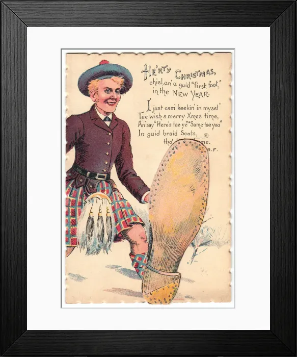 Framed Print : Scotsman with comic verse on a Christmas and New Year card Framed Print : Scotsman with comic verse on a Christmas and New Year card