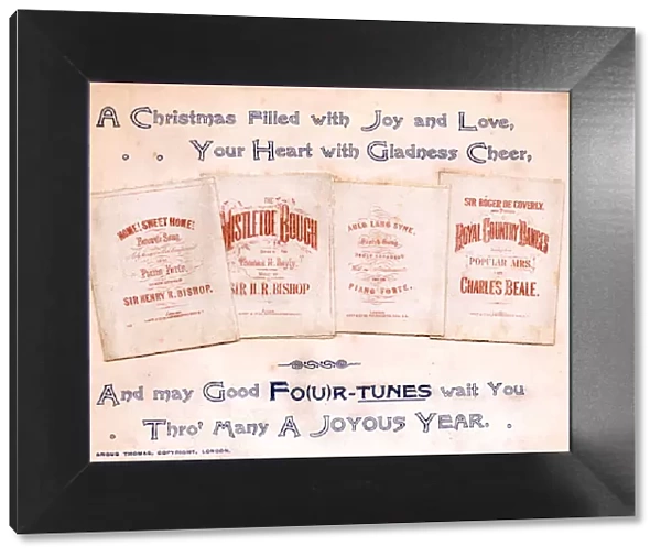 Sheet music with comic verse on a Christmas card
