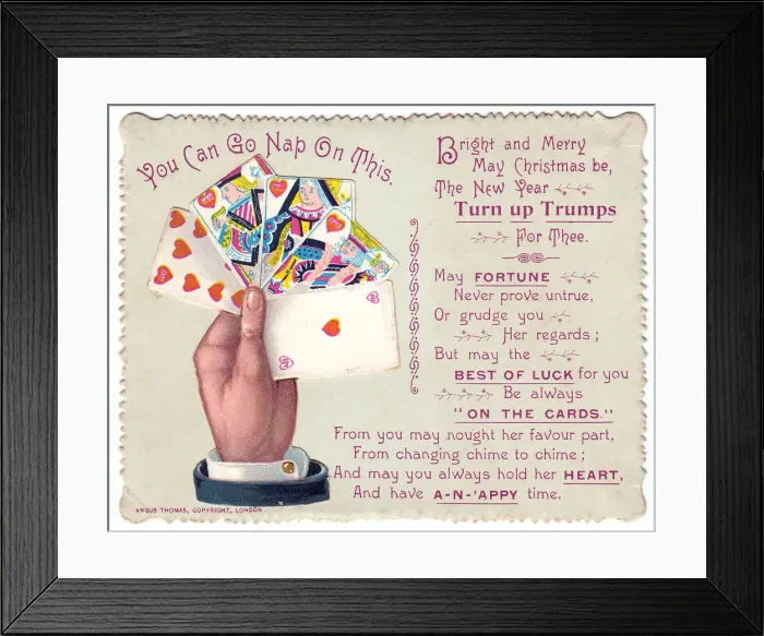 Framed Print : Playing cards with comic verse on a Christmas card Framed Print : Playing cards with comic verse on a Christmas card
