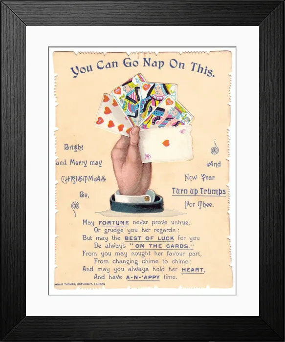 Framed Print : Playing cards with comic verse on a Christmas card Framed Print : Playing cards with comic verse on a Christmas card