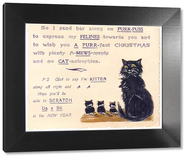 Cat and kittens with comic verse on a Christmas card
