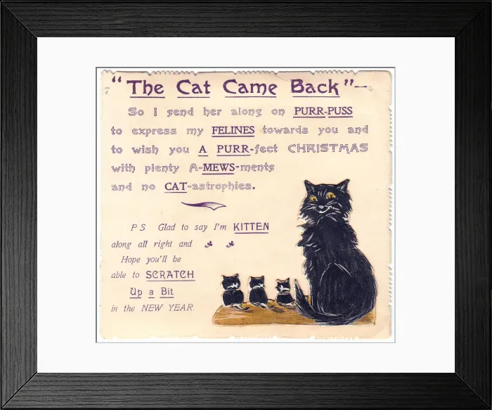 Framed Print : Cat and kittens with comic verse on a Christmas card Framed Print : Cat and kittens with comic verse on a Christmas card