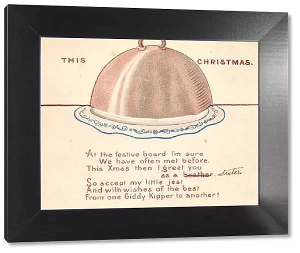 Covered dish with comic verse on a Christmas card