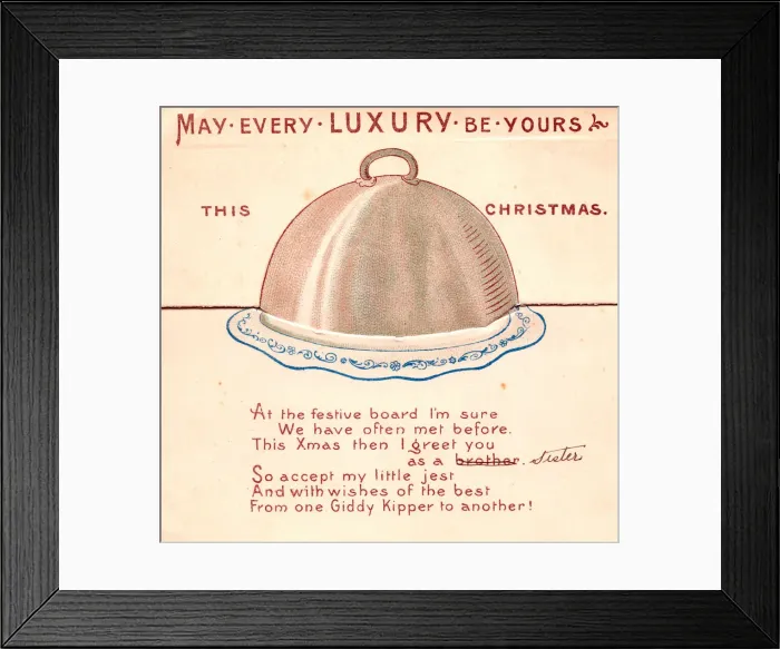 Framed Print : Covered dish with comic verse on a Christmas card Framed Print : Covered dish with comic verse on a Christmas card