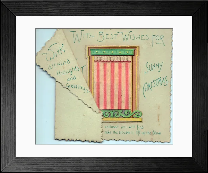 Framed Print : Sun blind with comic verse on a Christmas card Framed Print : Sun blind with comic verse on a Christmas card