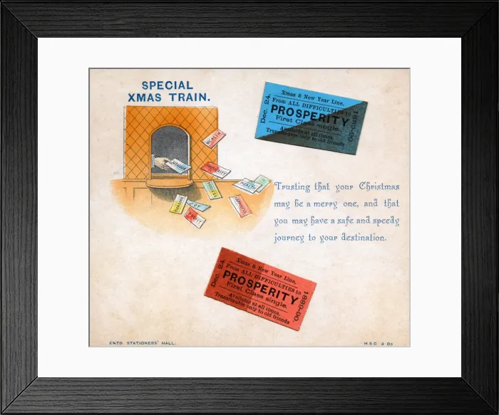 Framed Print : Travel tickets with comic verse on a Christmas card Framed Print : Travel tickets with comic verse on a Christmas card