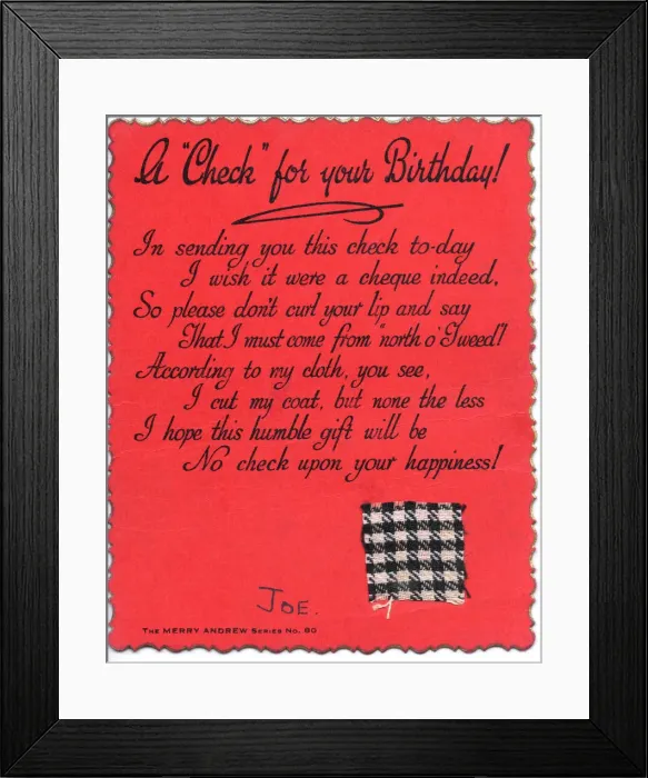 Framed Print : Piece of checked cloth with comic verse on a birthday card Framed Print : Piece of checked cloth with comic verse on a birthday card