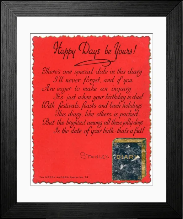 Framed Print : Diary with comic verse on a birthday card Framed Print : Diary with comic verse on a birthday card