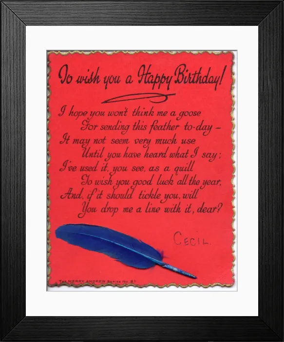 Framed Print : Quill pen with comic verse on a birthday card Framed Print : Quill pen with comic verse on a birthday card
