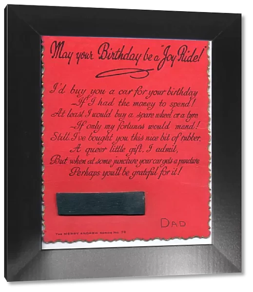 Strip of rubber with comic verse on a birthday card