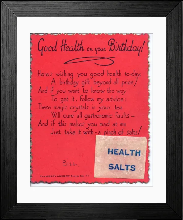 Framed Print : Health salts with comic verse on a birthday card Framed Print : Health salts with comic verse on a birthday card