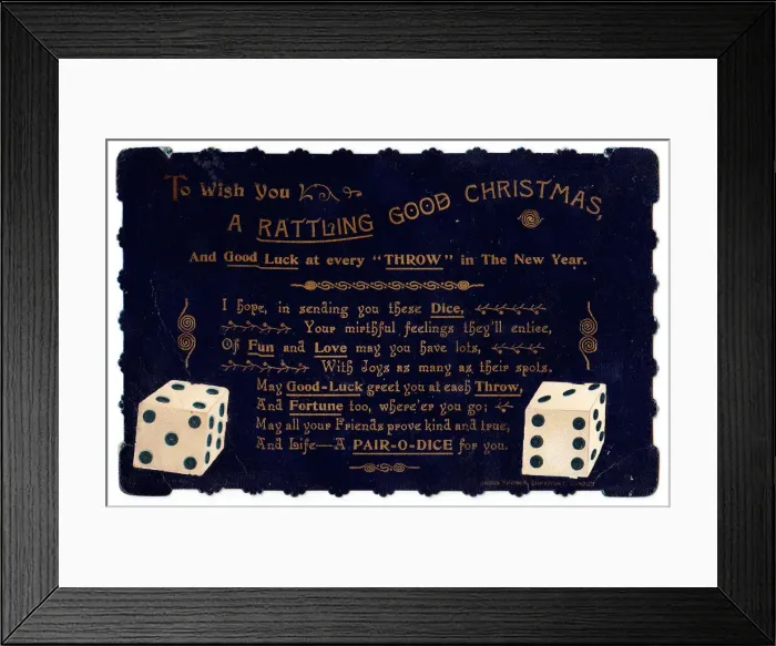 Framed Print : Pair of dice with comic verse on a Christmas card Framed Print : Pair of dice with comic verse on a Christmas card