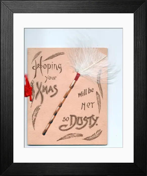 Framed Print : Feather duster with comic greeting on a Christmas card Framed Print : Feather duster with comic greeting on a Christmas card