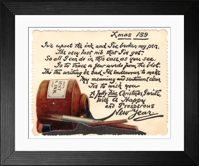 Framed Print : Inkpot with comic verse on a Christmas and New Year card Framed Print : Inkpot with comic verse on a Christmas and New Year card
