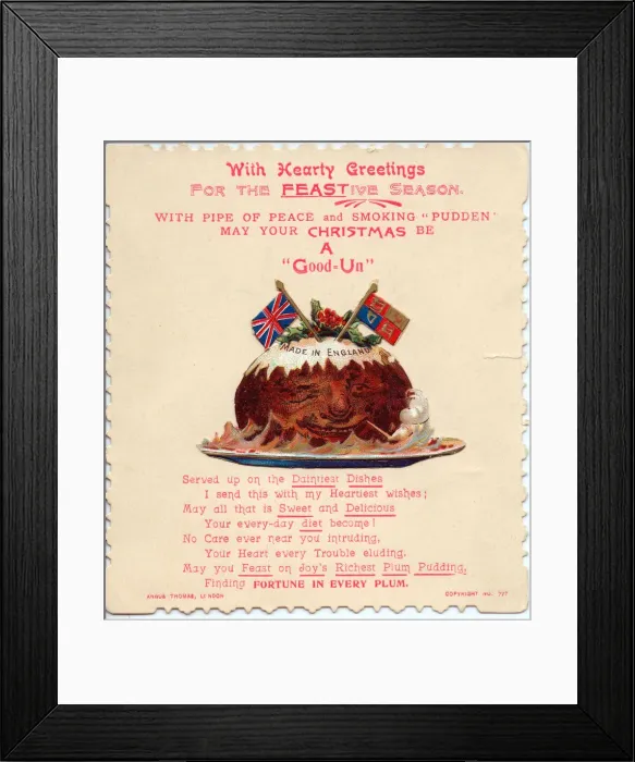 Framed Print : Smiling pudding with comic verse on a Christmas card Framed Print : Smiling pudding with comic verse on a Christmas card