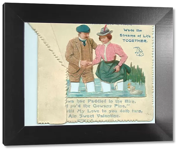 Couple wading through water on a Valentine card
