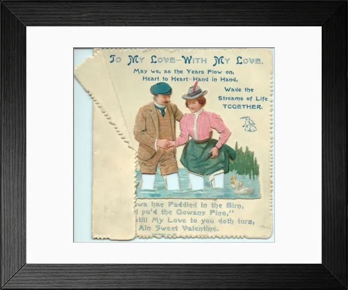Framed Print : Couple wading through water on a Valentine card Framed Print : Couple wading through water on a Valentine card