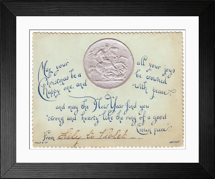 Framed Print : Silver crown with comic verse on a Christmas card Framed Print : Silver crown with comic verse on a Christmas card