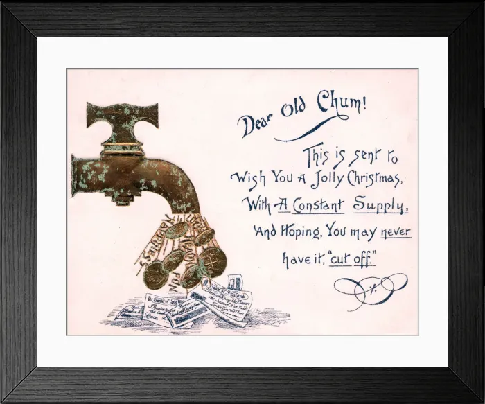 Framed Print : Tap pouring out money with comic verse on a Christmas card Framed Print : Tap pouring out money with comic verse on a Christmas card