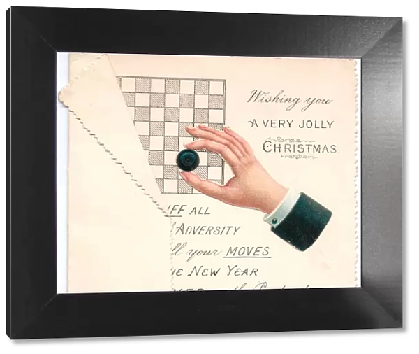 Draughts board with comic verse on a Christmas card